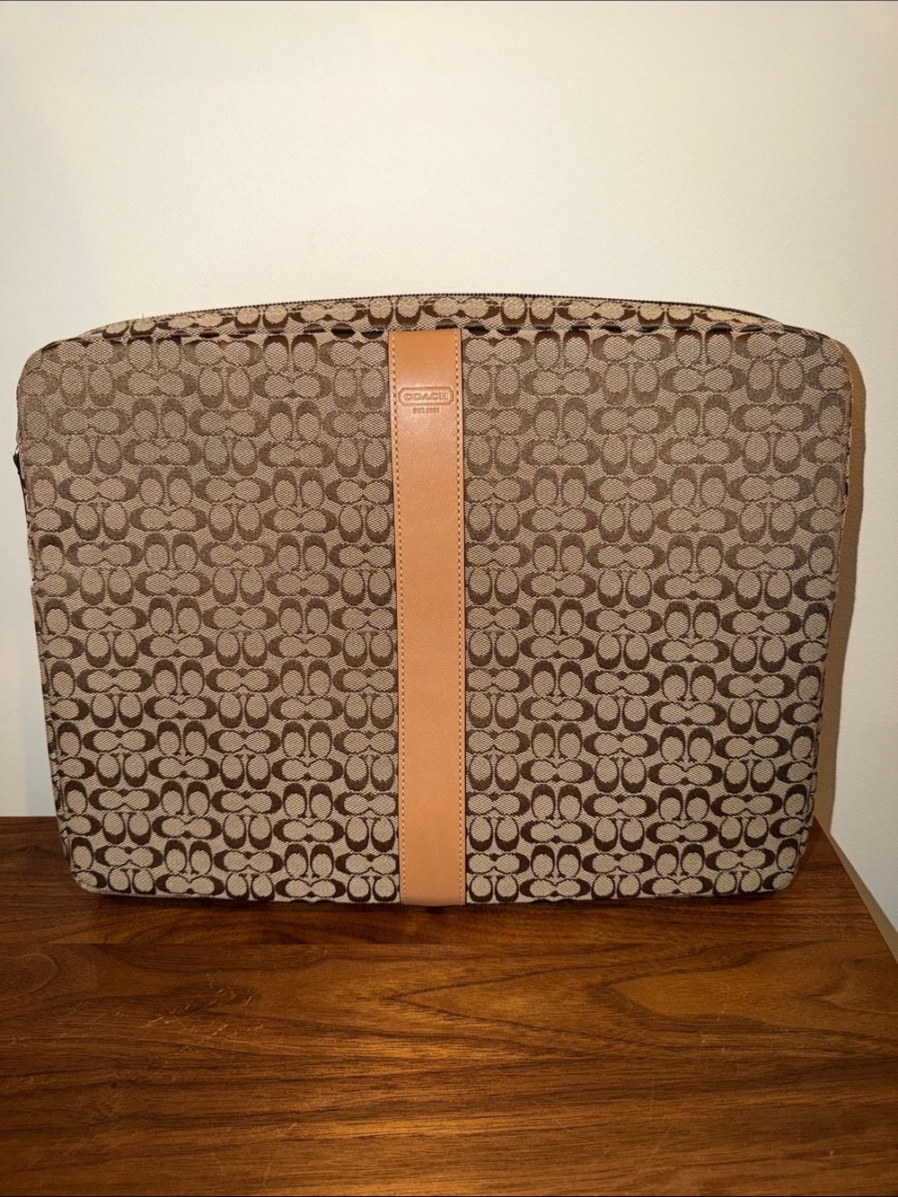 Coach Brown Signature Canvas Laptop Sleeve with Tan Leather Stripe